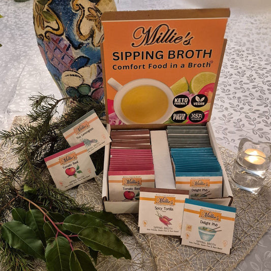 Millie's Sipping Broth Office Sampler Kit -4 Assorted Flavors - 56 Servings