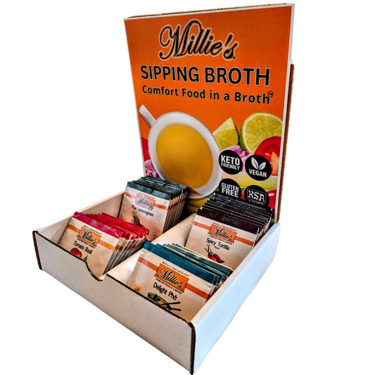 Millie's Sipping Broth Office Sampler Kit -4 Assorted Flavors - 56 Servings