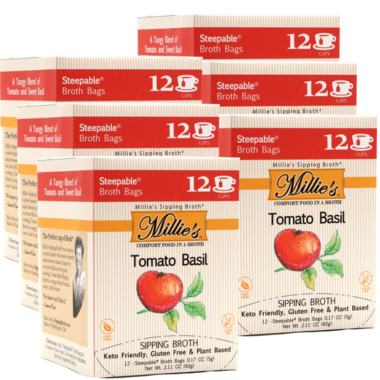 Multiple boxes of Millie's Tomato Basil Sipping Broth with red and beige design.