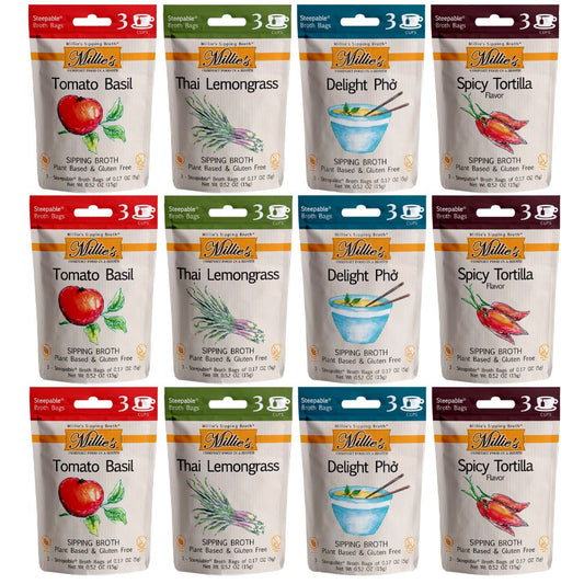 Millie's Sipping Broth 4 Flavor IF KIT Assortment (12 Pack Assortment - 36 Broth Bags Total)