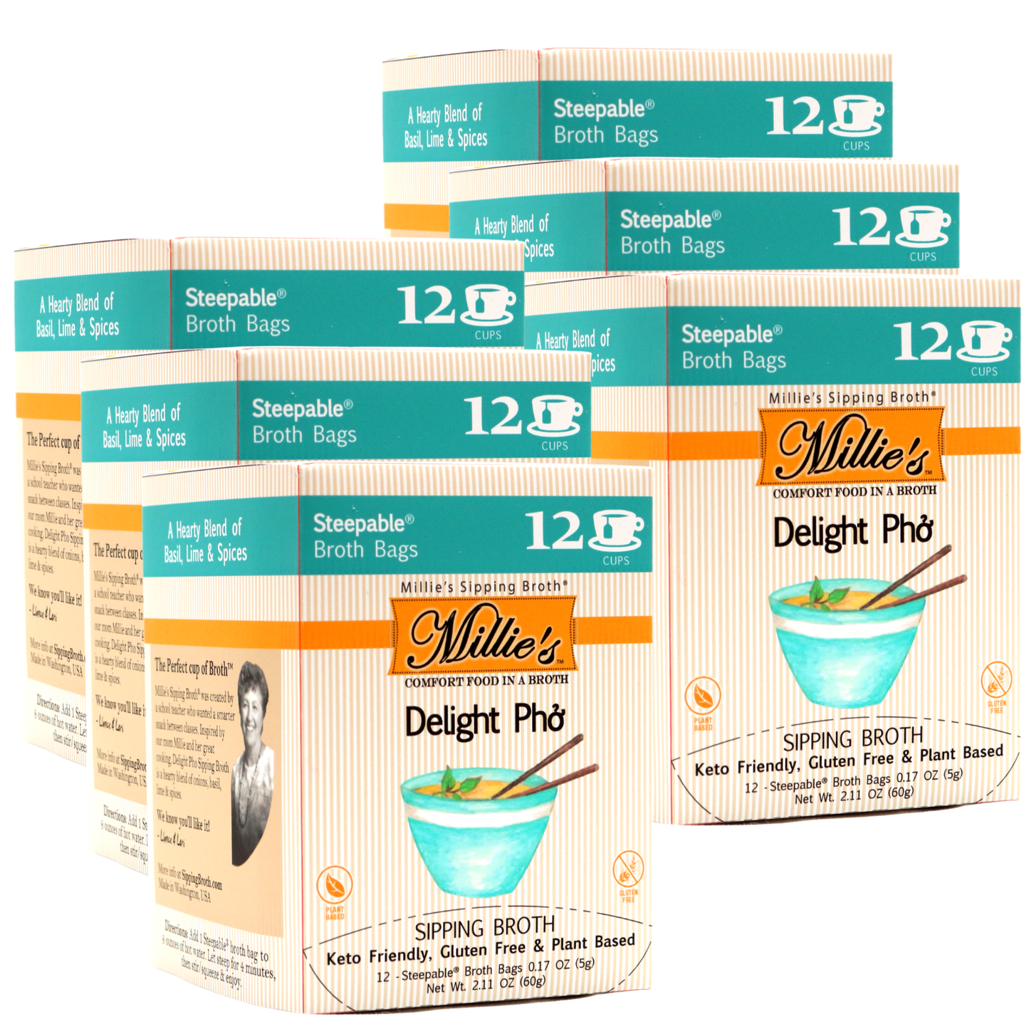 Multiple boxes of Millle's Delight Pho sipping broth on a white background