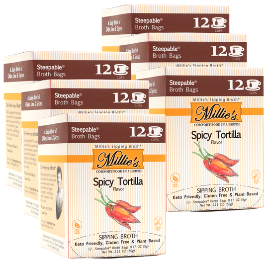 Multiple boxes of Millie's Spicy Tortilla flavor sipping broth on a white background