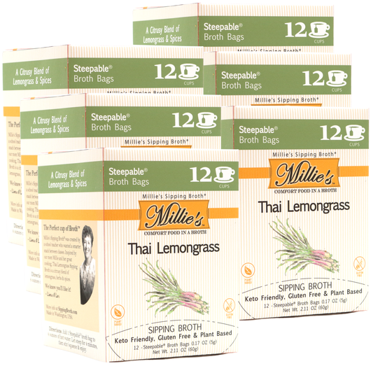 Multiple boxes of Millie's Thai Lemongrass sipping broth on a white background